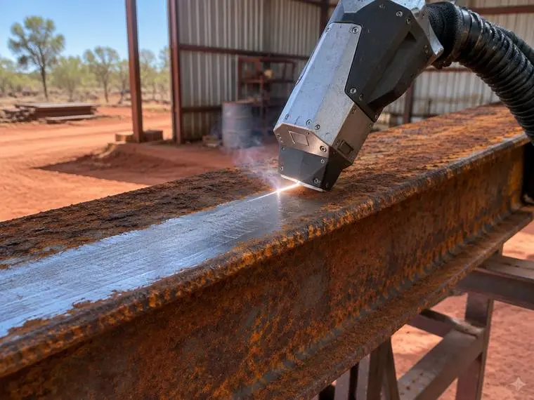 A handheld laser cleaning head lifting contamination off a steel surface