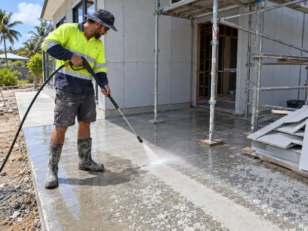 An operator pressure cleaning render and concrete splatter off the slab of a newly built house
