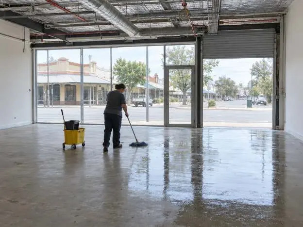 An empty commercial tenancy being cleaned out, bare concrete floor and empty shopfront glass