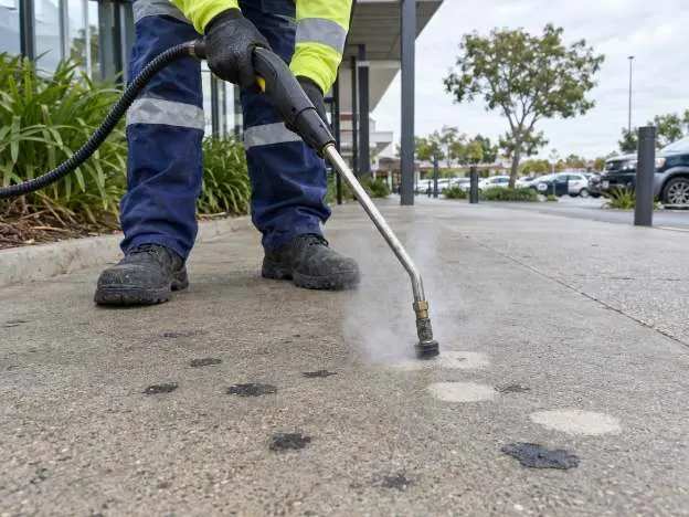 An operator lifting chewing gum off a shopping centre footpath with a handheld steam lance