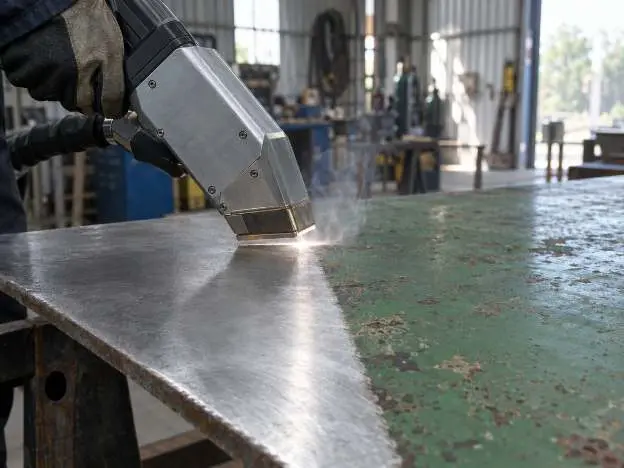 A laser head stripping old paint from a steel plate, bare metal on one side of a crisp line
