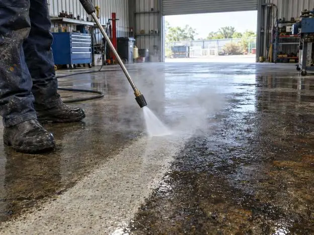 Hot water pressure cleaning lifting grease off a workshop slab, a clean stripe appearing behind the wand