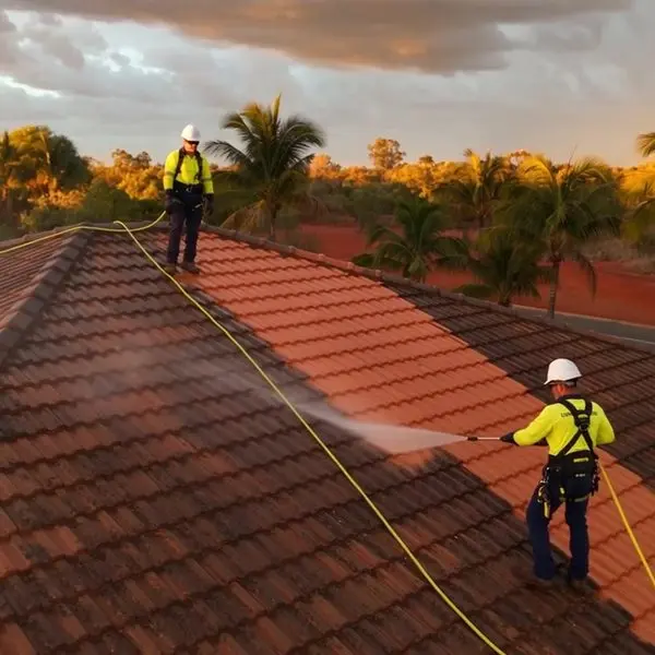 Two operators soft washing a red tile roof late in the afternoon